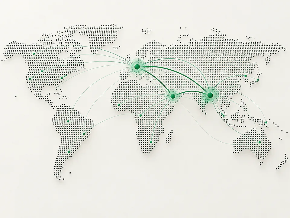 Map showing VaanLogic connecting India with clients in Germany, the UAE and worldwide