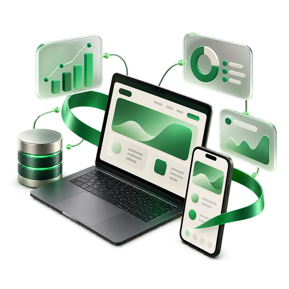 Isometric illustration of a laptop, phone, database and dashboards linked together — web, mobile and backend development