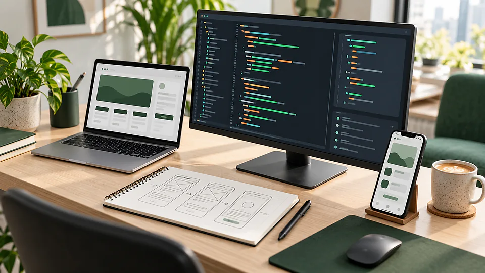 VaanLogic development workspace with web and mobile app designs on screen