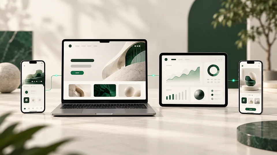 Website and mobile app interfaces shown on laptop and phone screens